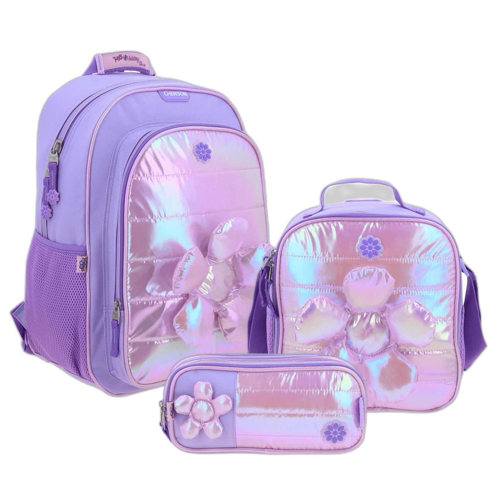 Kit Escolar Happy Girl by Chenson Violeta (Mochila + Lonchera + Lapicera) Infantil, modelo HG70328-KC3