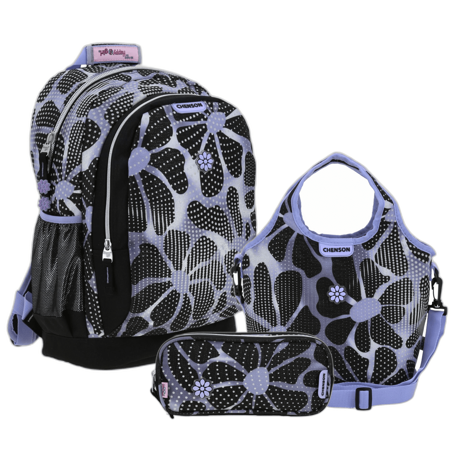 Kit Escolar Happy Girl by Chenson Negro (Mochila + Lonchera + Lapicera) Infantil - Modelo HG70568, modelo HG70568-KC3