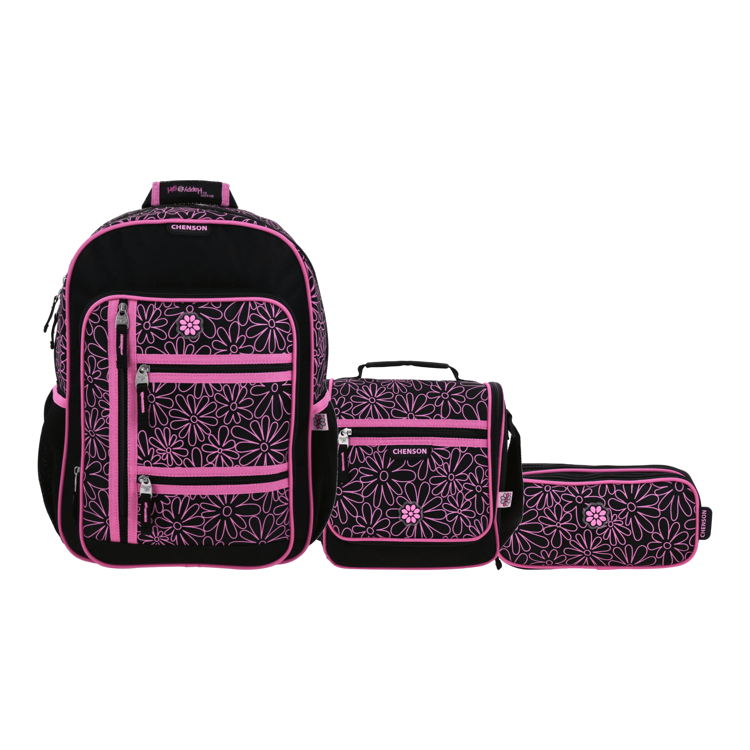 Kit Escolar Happy Girl by Chenson (Mochila + Lonchera + Lapicera) Negro Infantil, modelo HG70939-3-KC3
