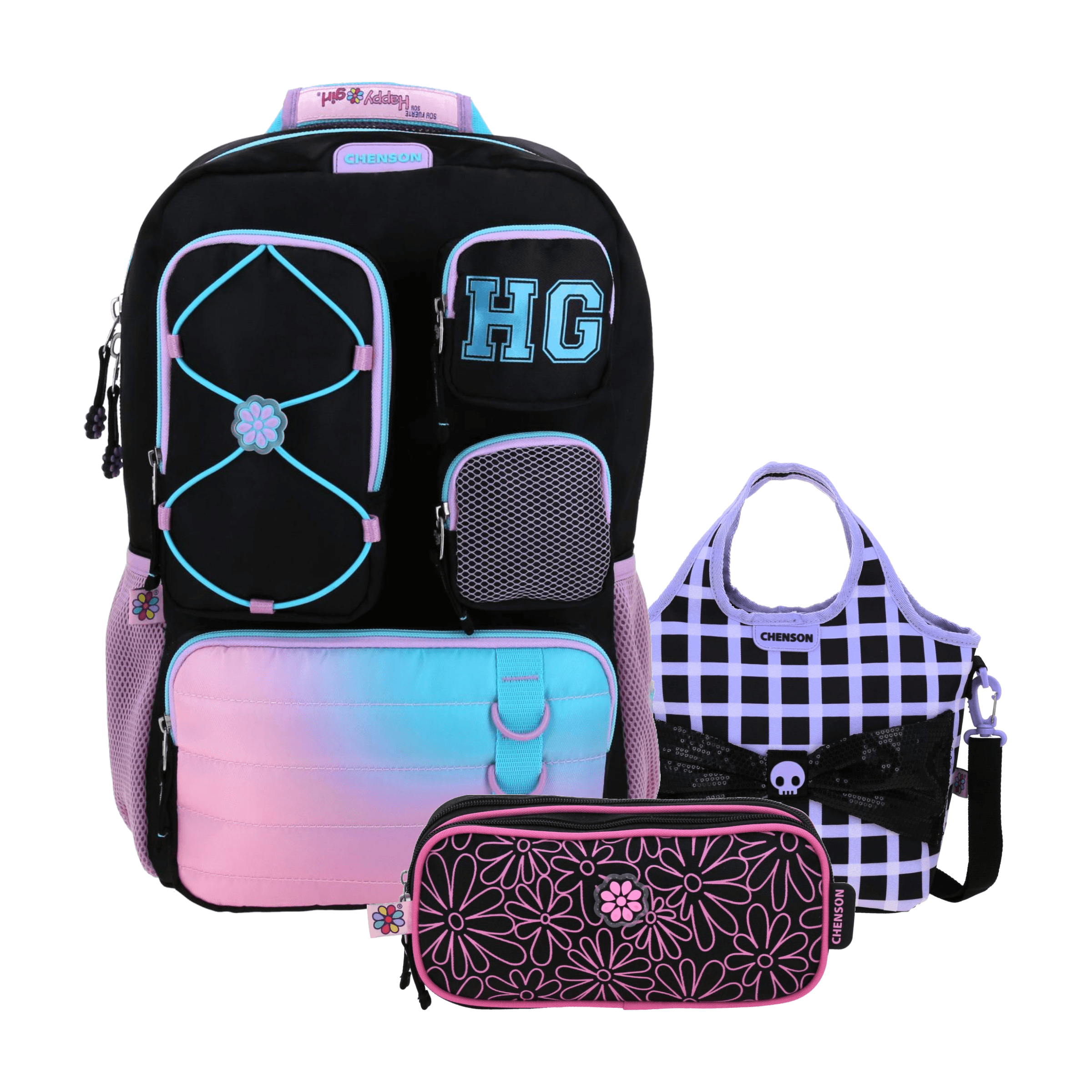 Kit Escolar Happy Girl by Chenson Mochila + Lonchera + Lapicera Negro Infantil, modelo HG70962-3-KC3