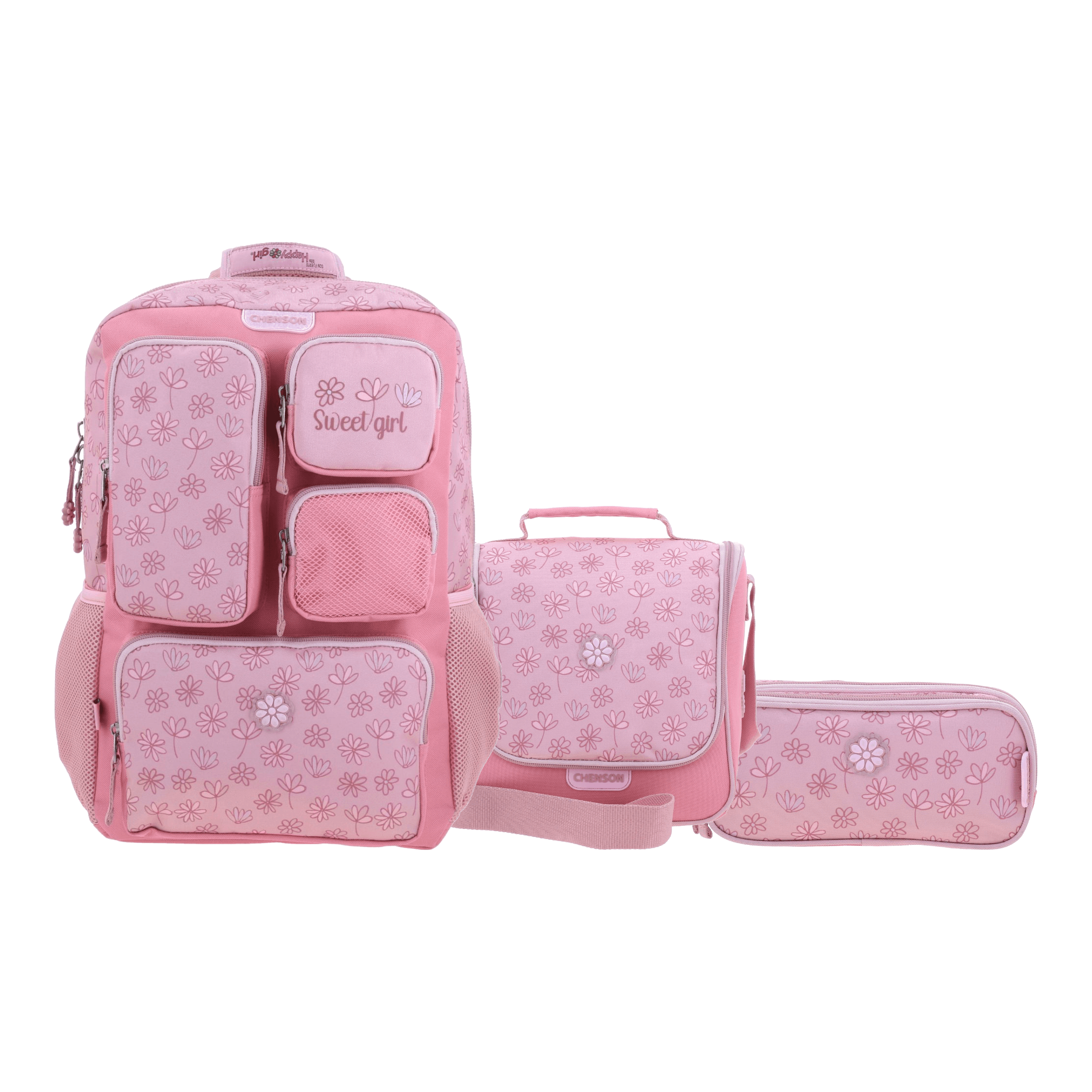 Kit Escolar Happy Girl by Chenson (Mochila + Lonchera + Lapicera) Rosa Infantil - Modelo HG71204, modelo HG71204-P-KC3