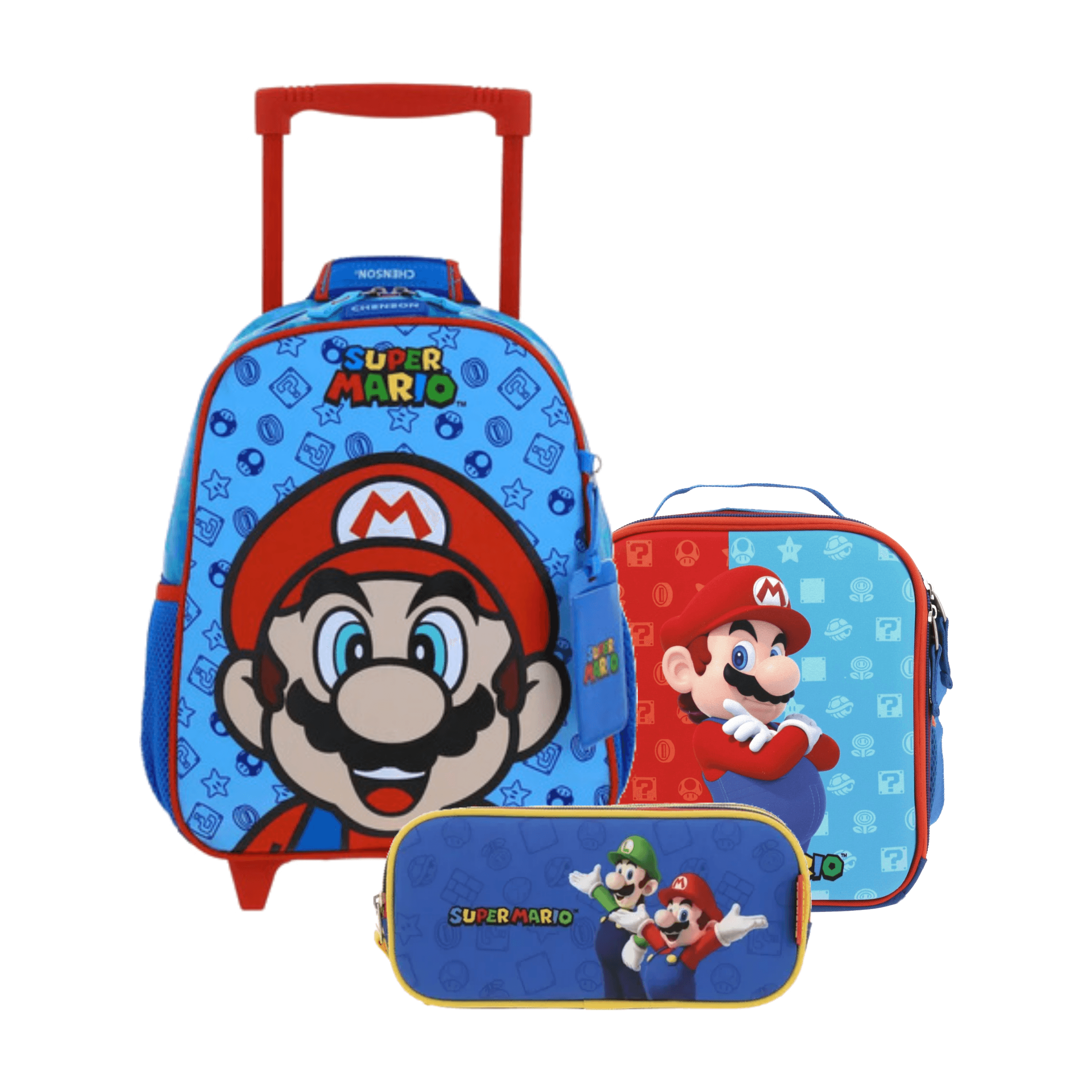 Kit Escolar Mario Bros by Chenson (Mochila con Ruedas + Lonchera + Lapicera) Azul Infantil - Modelo MB66131, modelo MB66131-9-KC3