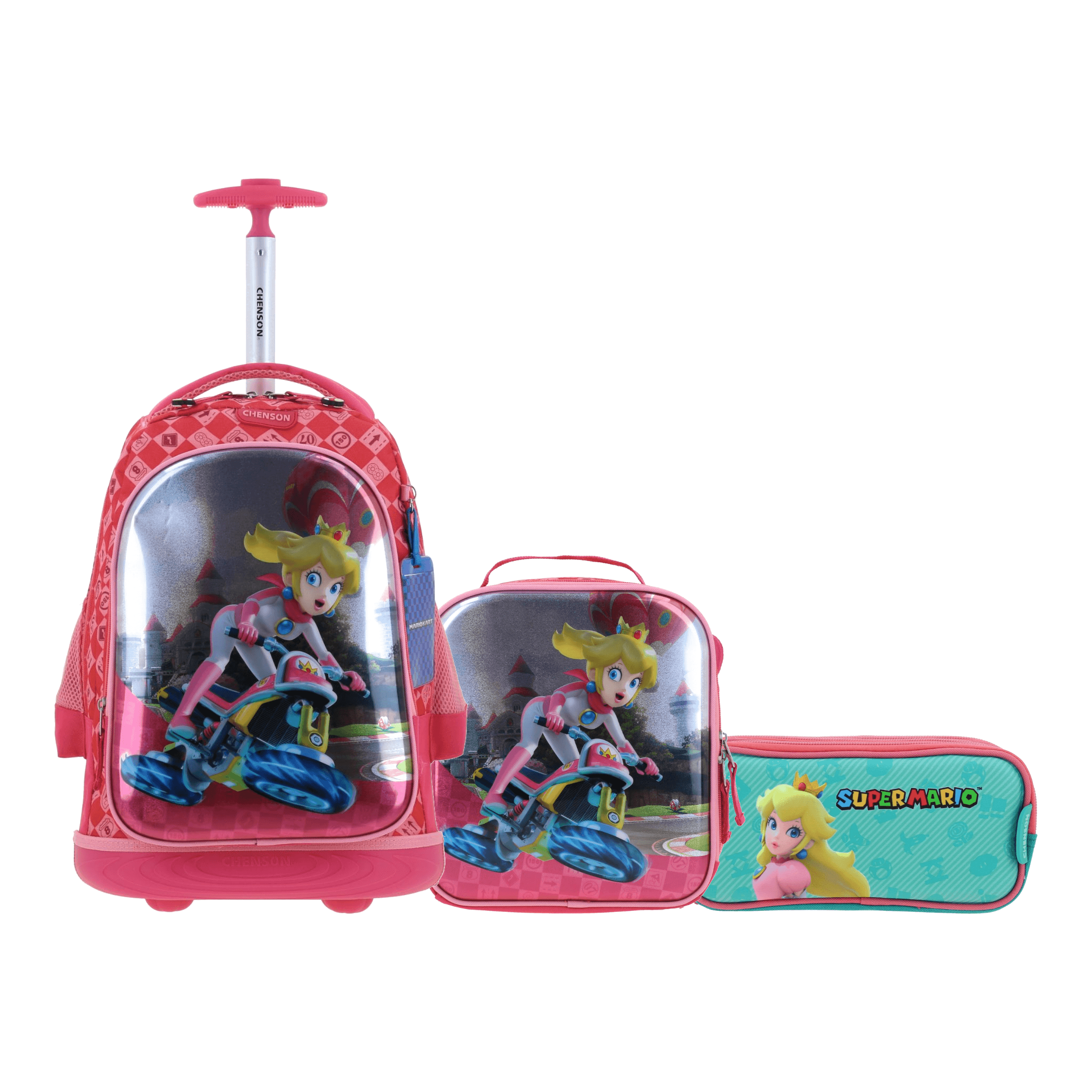 Kit Escolar Mario Bros by Chenson (Mochila con Ruedas + Lonchera + Lapicera) Rosa Infantil - Modelo MB66278, modelo MB66278-P-KC3