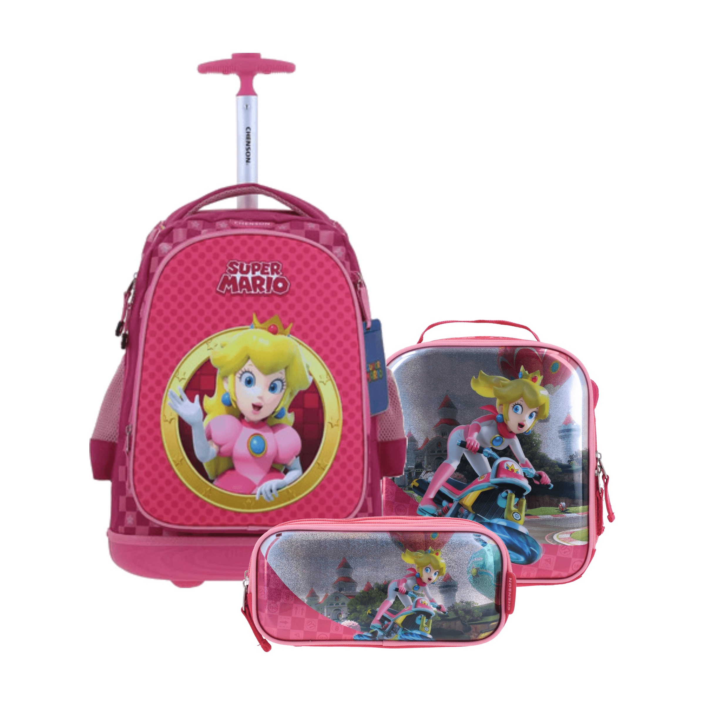 Kit Escolar Mario Bros by Chenson (Mochila con Ruedas + Lonchera + Lapicera) Rosa Infantil - Modelo MB70734, modelo MB70734-P-KB3