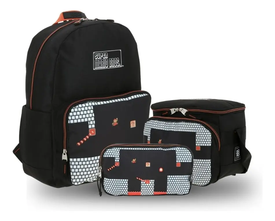 Kit Escolar Mario Bros by Chenson Negro (Mochila + Lonchera + Lapicera) Infantil - Modelo MB66156, modelo MB66156-KC3
