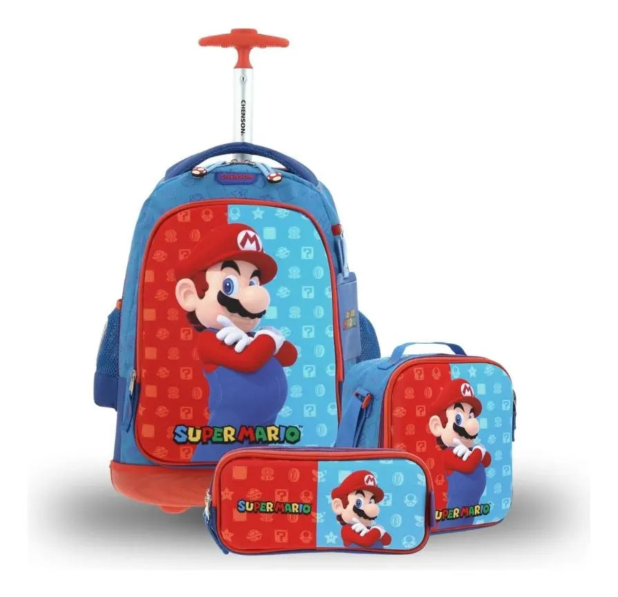 Kit Escolar Mario Bros by Chenson Azul (Mochila con Ruedas + Lonchera + Lapicera) Infantil - Modelo MB66083, modelo MB66083-KB3