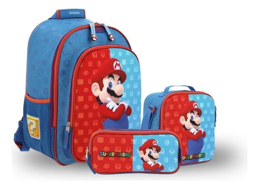 Kit Escolar Mario Bros by Chenson Azul (Mochila + Lonchera + Lapicera) Infantil - Modelo MB66078, modelo MB66078-KC3