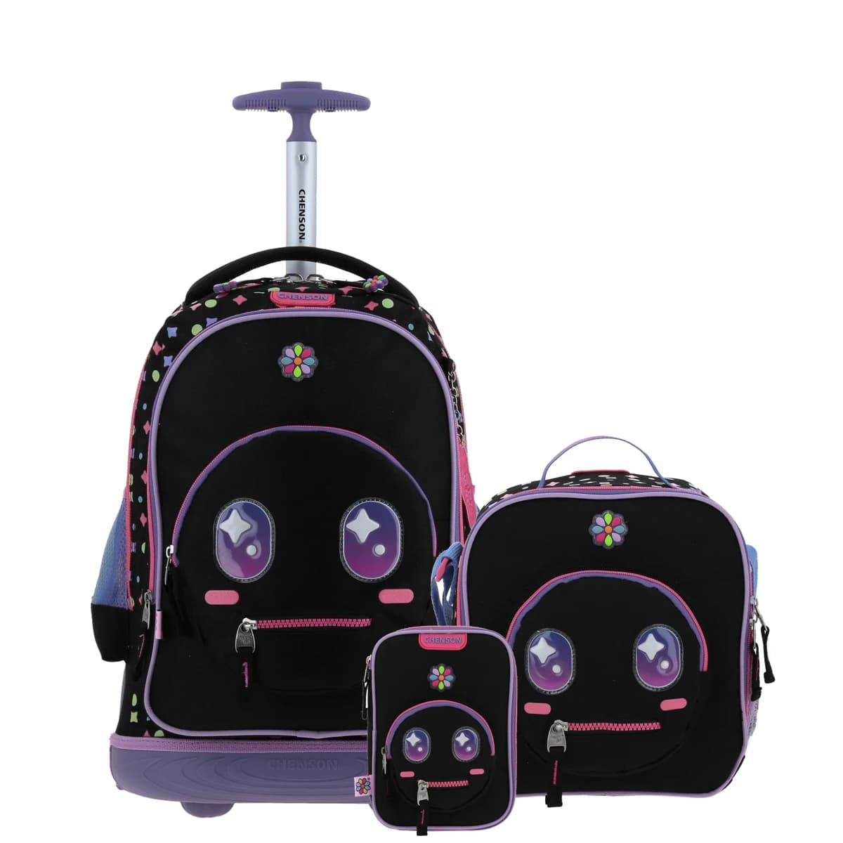 Kit Escolar Happy Girl by Chenson Negro (Mochila con Ruedas + Lonchera + Lapicera) Infantil, modelo HG66429-KB3