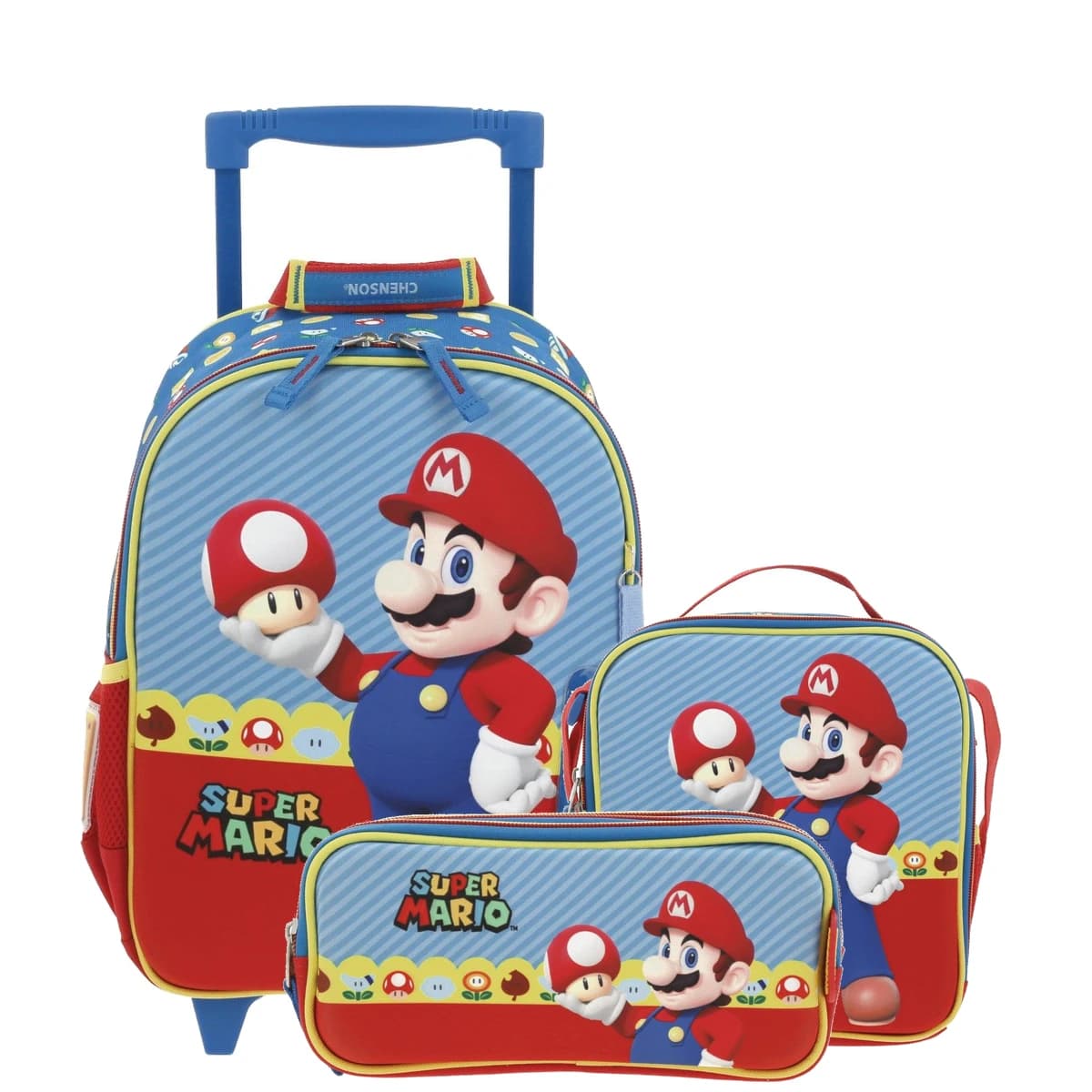 Kit Kinder Mario Bros by Chenson Azul (Mochila con Ruedas + Lonchera + Lapicera) Infantil, modelo MB66263-KB3