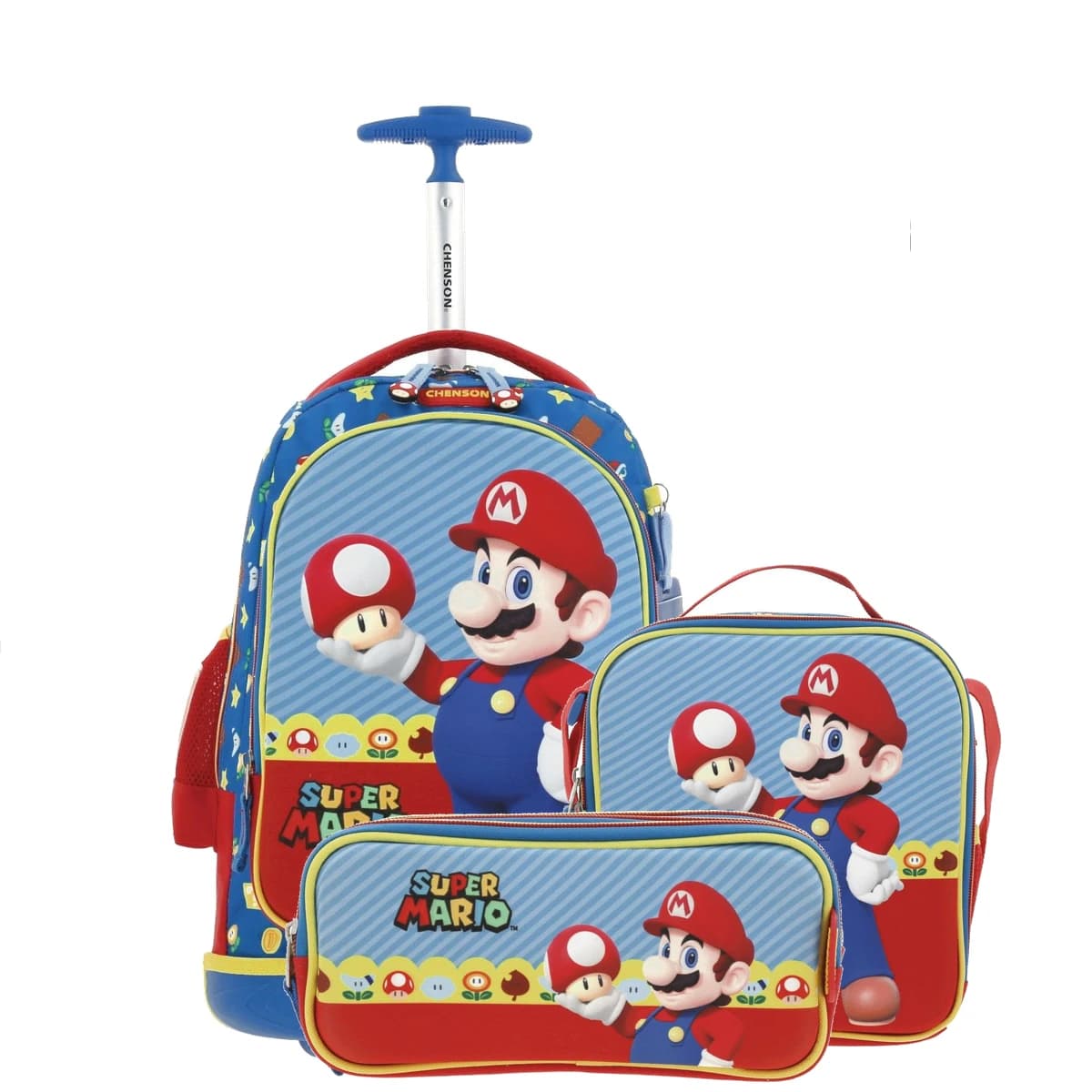 Kit Escolar Mario Bros by Chenson Azul (Mochila con Ruedas + Lonchera + Lapicera) Infantil - Modelo MB66264, modelo MB66264-KB3