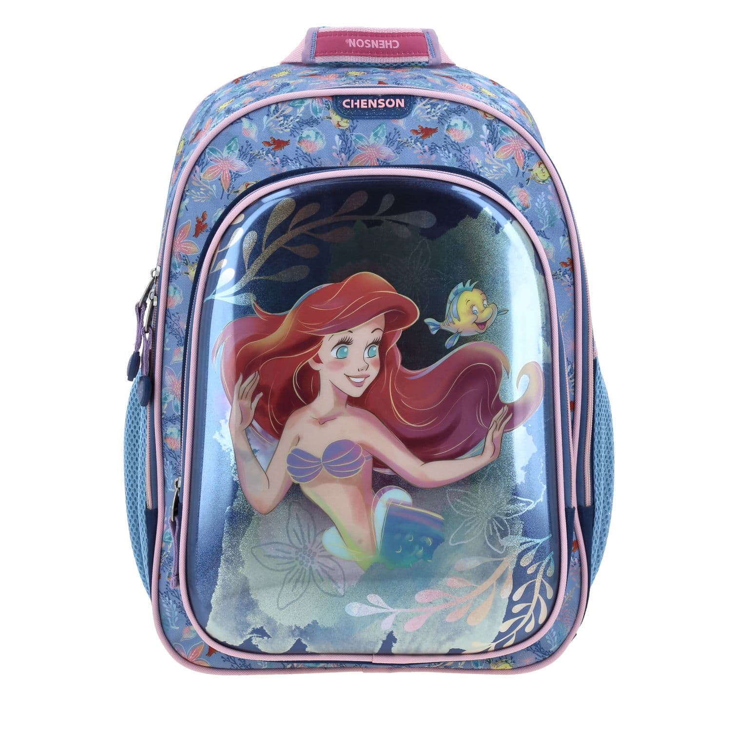 Mochila escolar para niña Ariel La Sirenita by Chenson azul con amplio compartimento, modelo PR70152-9